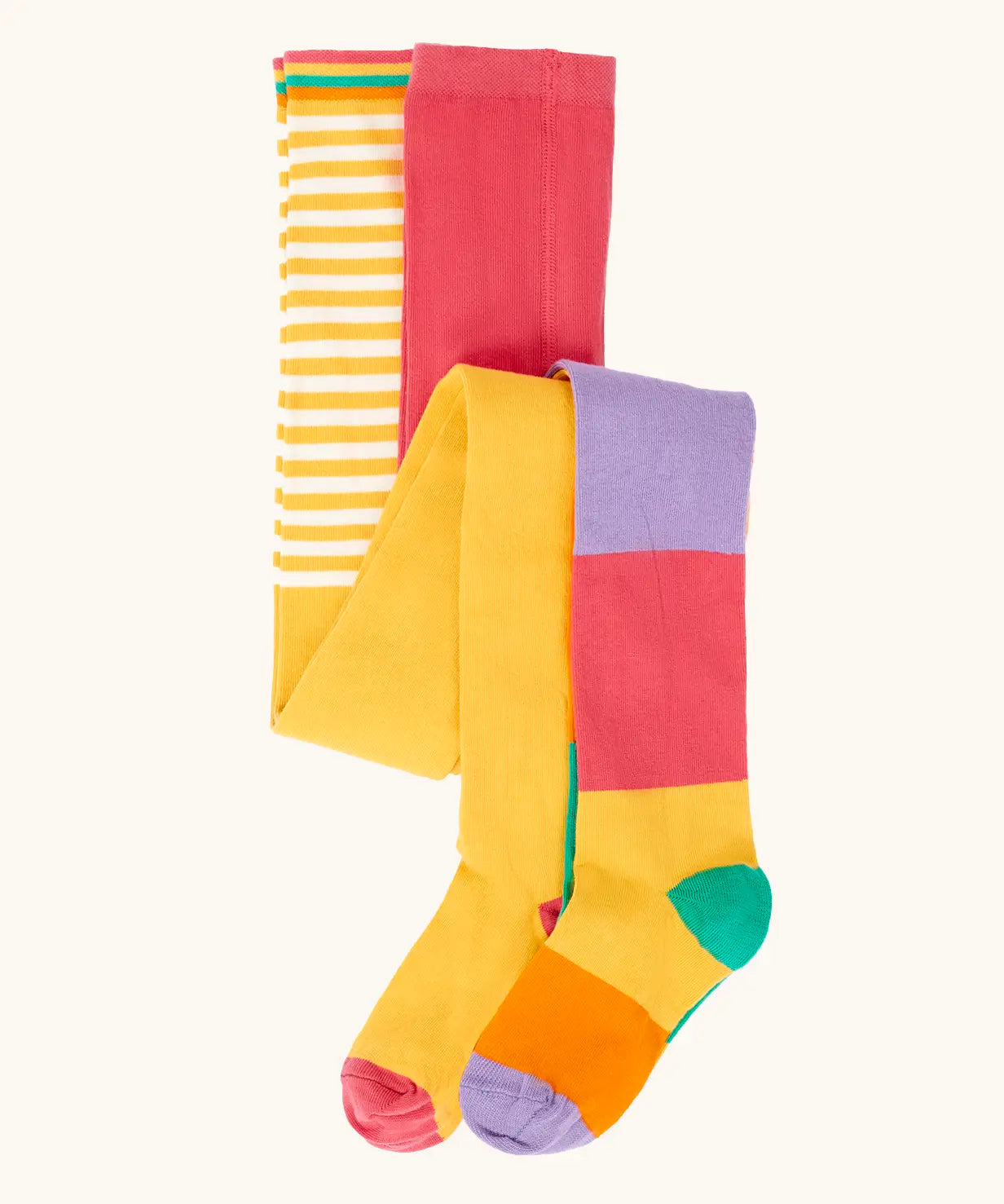 Frugi GOTS 100% organic cotton 2 pack tights in yellow with white stripes and pastel rainbow striped designs