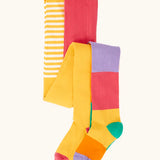 Frugi GOTS 100% organic cotton 2 pack tights in yellow with white stripes and pastel rainbow striped designs