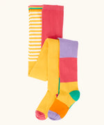 Frugi GOTS 100% organic cotton 2 pack tights in yellow with white stripes and pastel rainbow striped designs