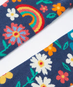 Pair of Frugi kids norah tights showing a close up of the playful floral design on  on navy organic cotton fabric