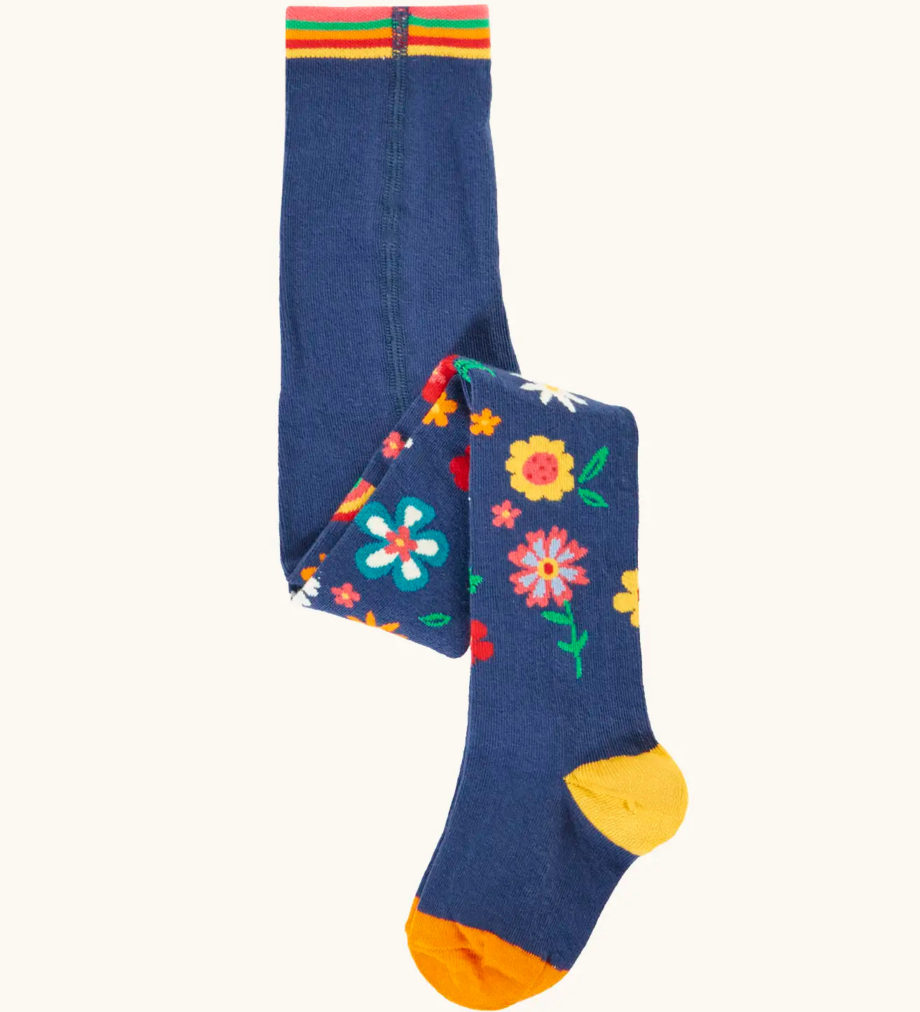 Frugi GOTS 100% organic cotton kids tights in navy with a floral resign on the lower leg, orange toe and yellow heel panel