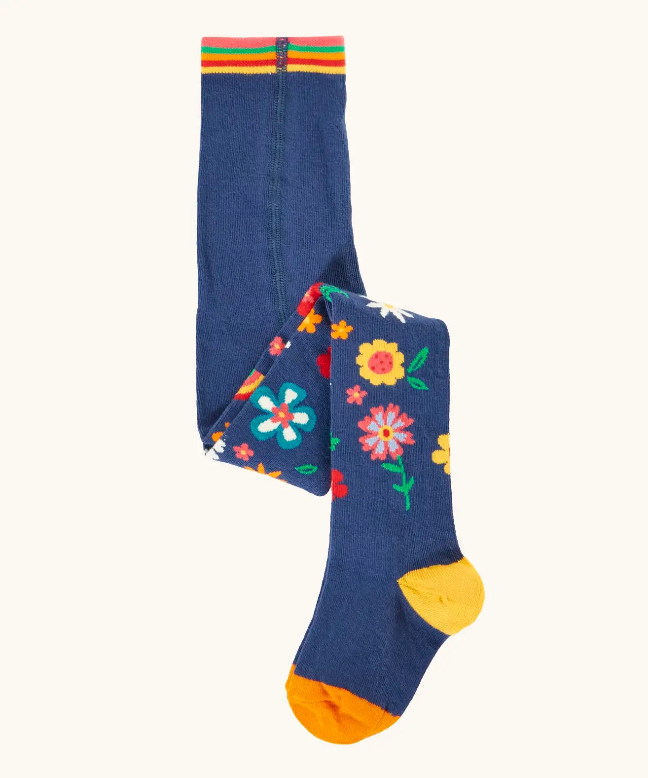 Frugi GOTS 100% organic cotton kids tights in navy with a floral resign on the lower leg, orange toe and yellow heel panel