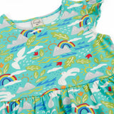 Frugi skater dress in aqua laid flat showing repeating seagull and mountain design and frill on the short sleeves