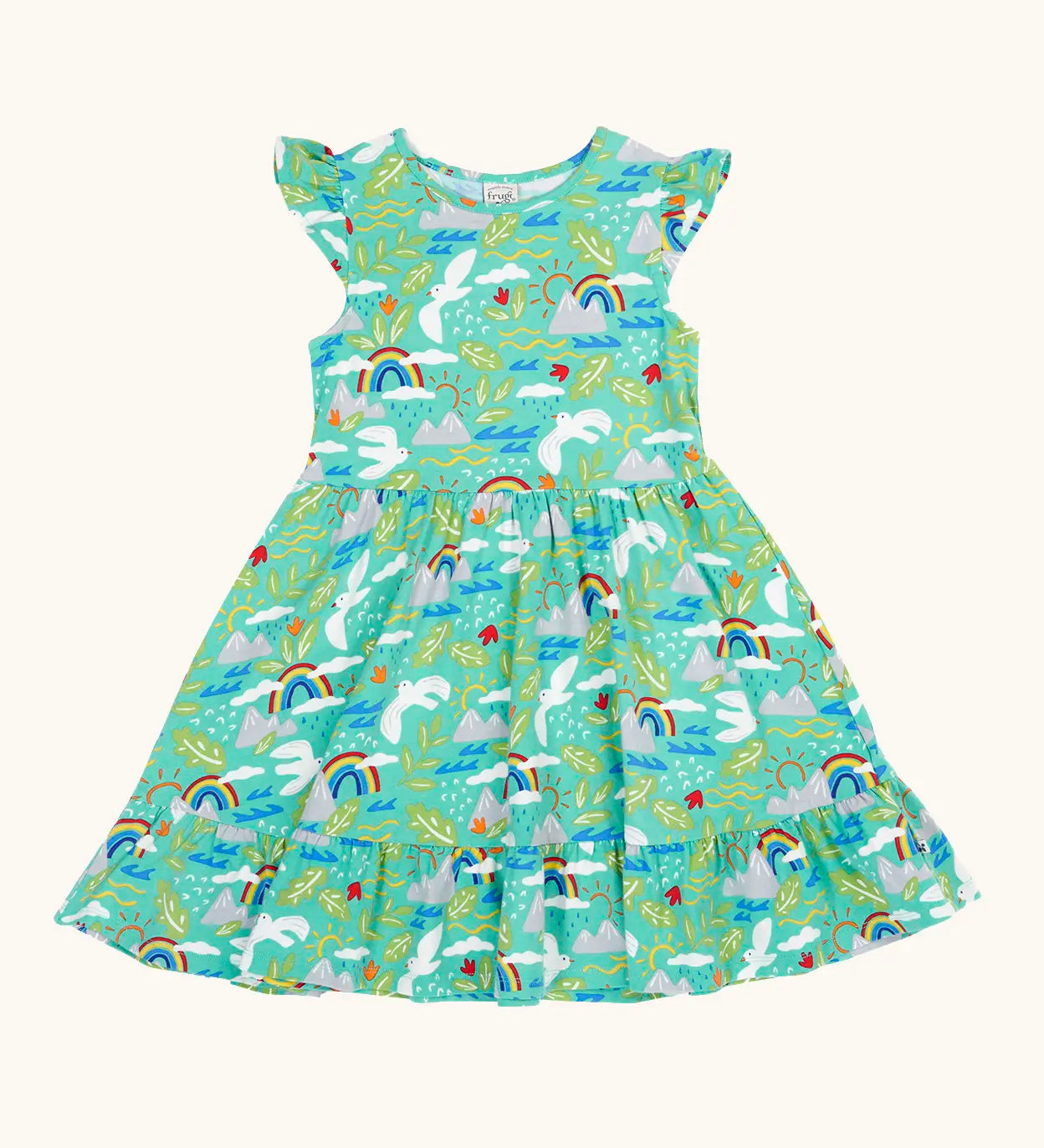 Frugi GOTS organic cotton skater dress in aqua with a repeating seagull and mountain design and frill on the short sleeves