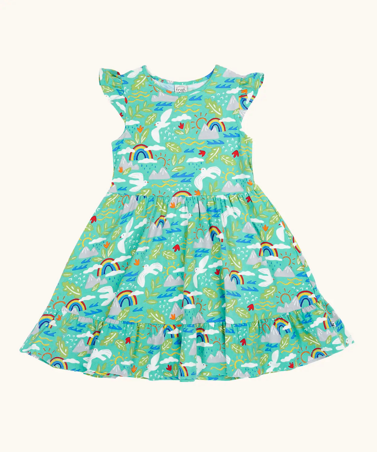 Frugi GOTS organic cotton skater dress in aqua with a repeating seagull and mountain design and frill on the short sleeves