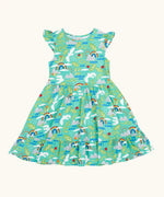 Frugi GOTS organic cotton skater dress in aqua with a repeating seagull and mountain design and frill on the short sleeves