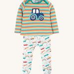 Frugi Brooke Easy Dressing Babygrow - Let's Go!/Iguana Stripe. A colourful striped top with a tractor applique, and fun vehicle print bottoms