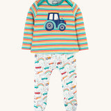 Frugi Brooke Easy Dressing Babygrow - Let's Go!/Iguana Stripe. A colourful striped top with a tractor applique, and fun vehicle print bottoms