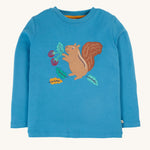 Frugi Adventure Applique Top - Deep Water/Squirrel. A lovely blue fabric, with a fun autumn squirrel applique on the front