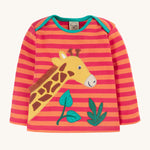 Frugi Bobby Applique Top - Cantaloupe Stripe/Giraffe, with an orange and pink stripe and a giraffe and leaf applique detail