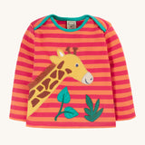 Frugi Bobby Applique Top - Cantaloupe Stripe/Giraffe, with an orange and pink stripe and a giraffe and leaf applique detail