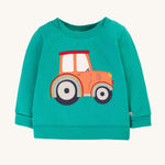 Frugi Easy On Jumper - Iguana/Tractor. A lovely pale green umper with a large tractor applique on the front