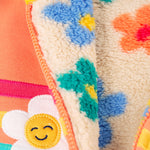 A closer look at the flower appliques, and flower pop fleece inside the Frugi Ted Fleece Lined Hoody - Cantaloupe/Rainbow