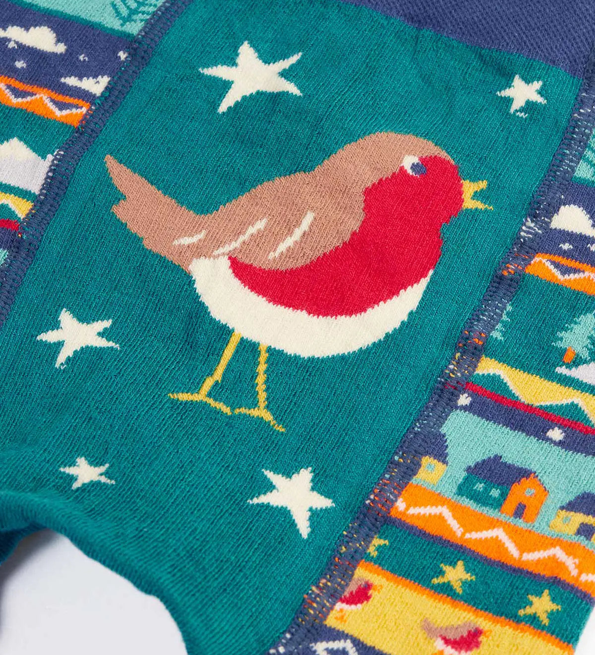 Frugi GOTS organic knitted footless leggings laid flat showing close up of Robin design 