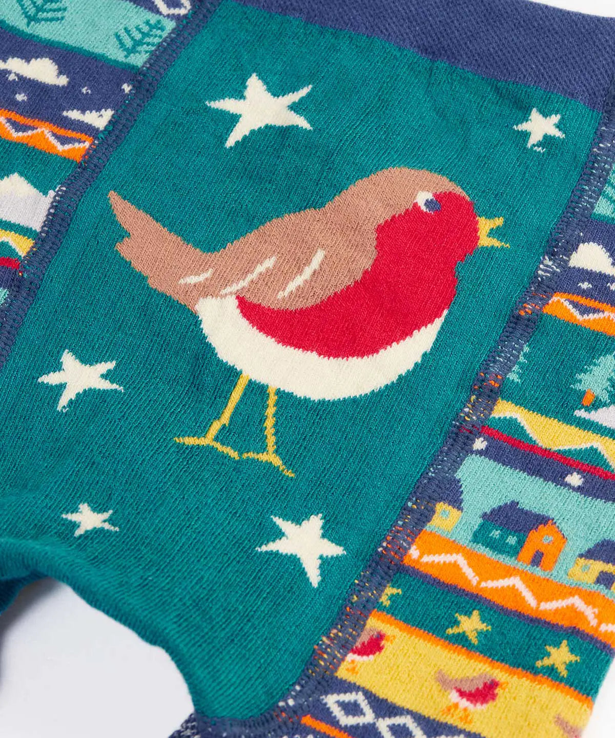 Frugi GOTS organic knitted footless leggings laid flat showing close up of Robin design 