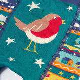 Frugi GOTS organic knitted footless leggings laid flat showing close up of Robin design 