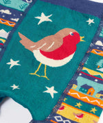 Frugi GOTS organic knitted footless leggings laid flat showing close up of Robin design 