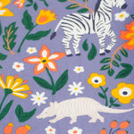 A closer look at the print on the Frugi Libby Printed Leggings - Rainforest Friends,with zebras, flamingos, parrots, and more wild friends print.