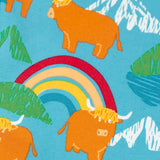 Frugi libby leggings showing a close of the repeating highland cow and mountain print on light blue organic cotton fabric