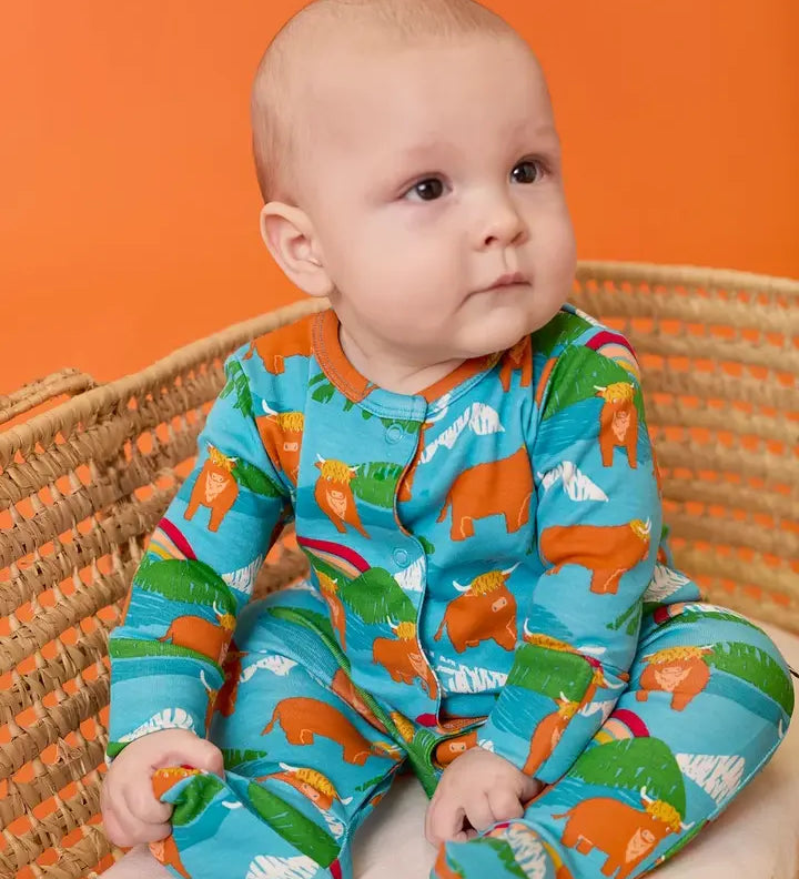 Frugi babygrow in blue Highland cow print from the lovely baby gift set worn by baby.