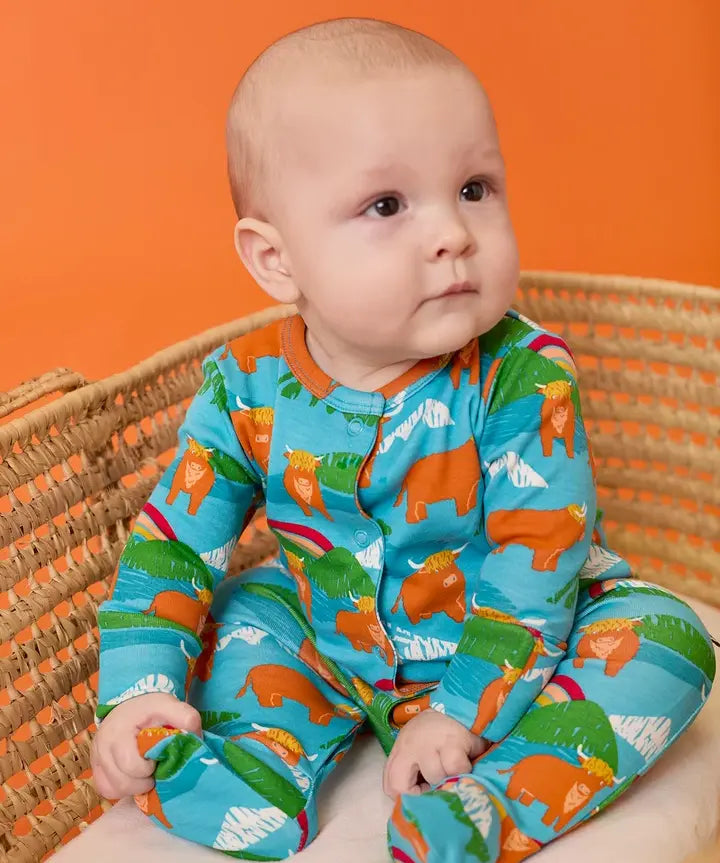Frugi babygrow in blue Highland cow print from the lovely baby gift set worn by baby.