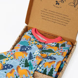 Frugi lovely baby gift set - organic cotton babygrow with matching dribble bib in Shetland pony purple print in gift box.
