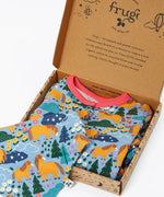 Frugi lovely baby gift set - organic cotton babygrow with matching dribble bib in Shetland pony purple print in gift box.