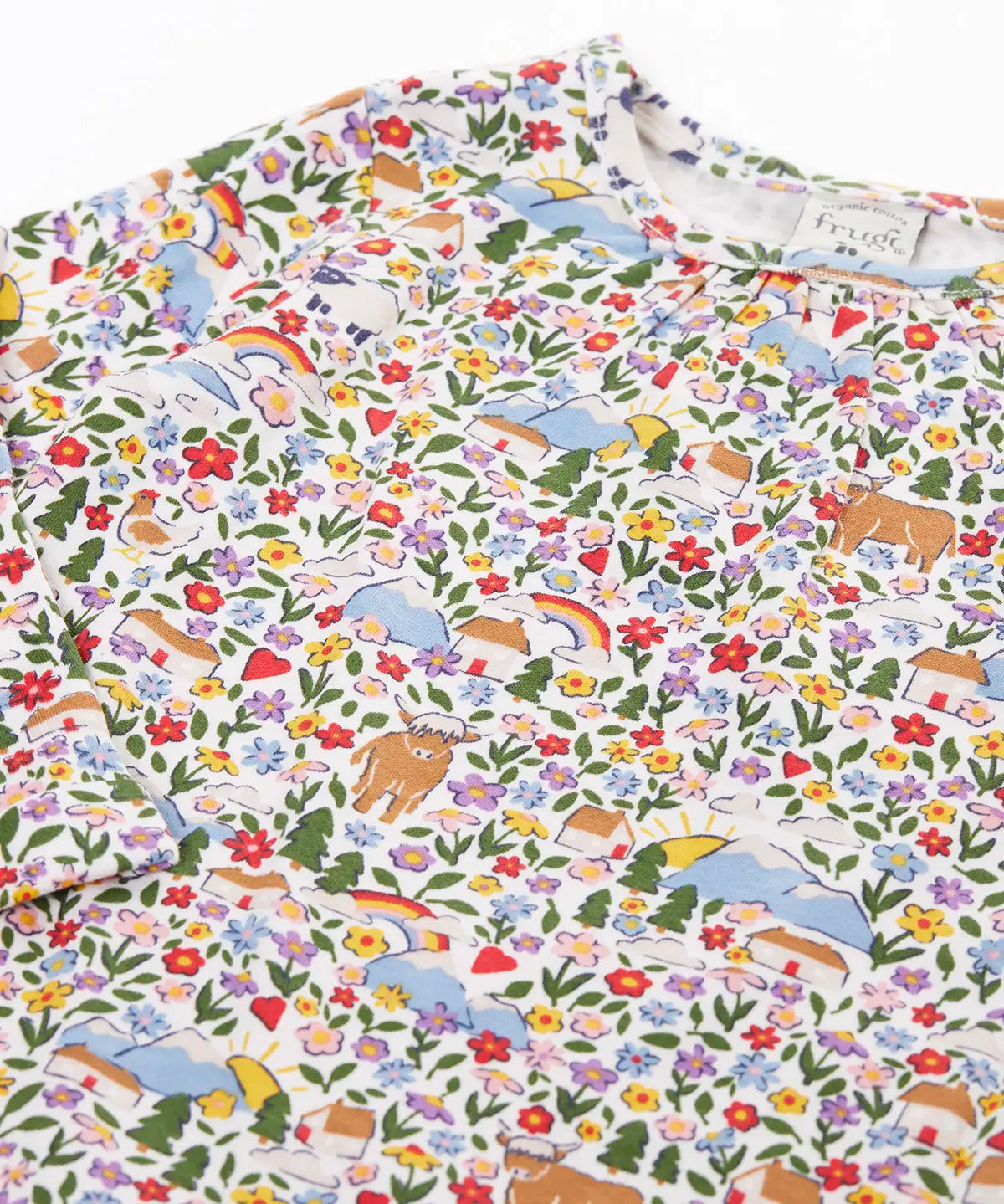 Frugi GOTS organic cotton mabel outfit showing a close up of the Highland F
fields print on the top