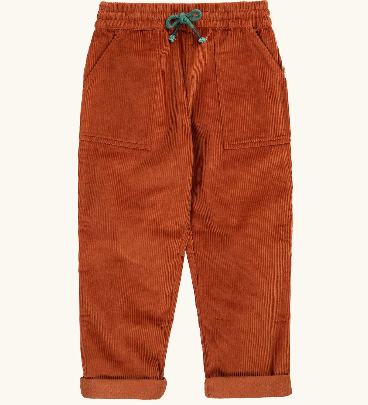 Frugi GOTS organic cotton children's corduroy trousers in rust brown with front pockets and a green waist drawcord 