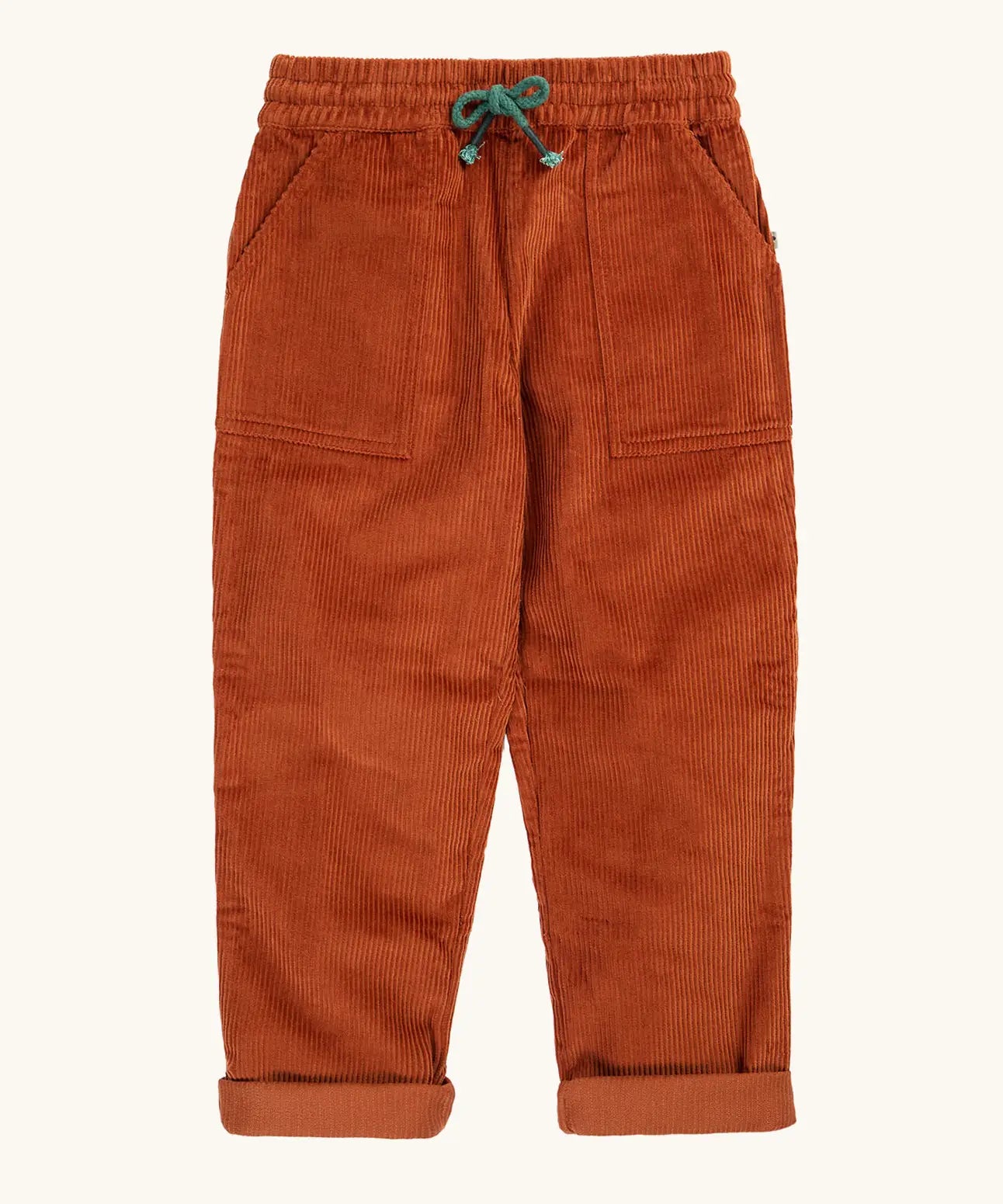 Frugi GOTS organic cotton children's corduroy trousers in rust brown with front pockets and a green waist drawcord 