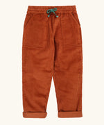 Frugi GOTS organic cotton children's corduroy trousers in rust brown with front pockets and a green waist drawcord 