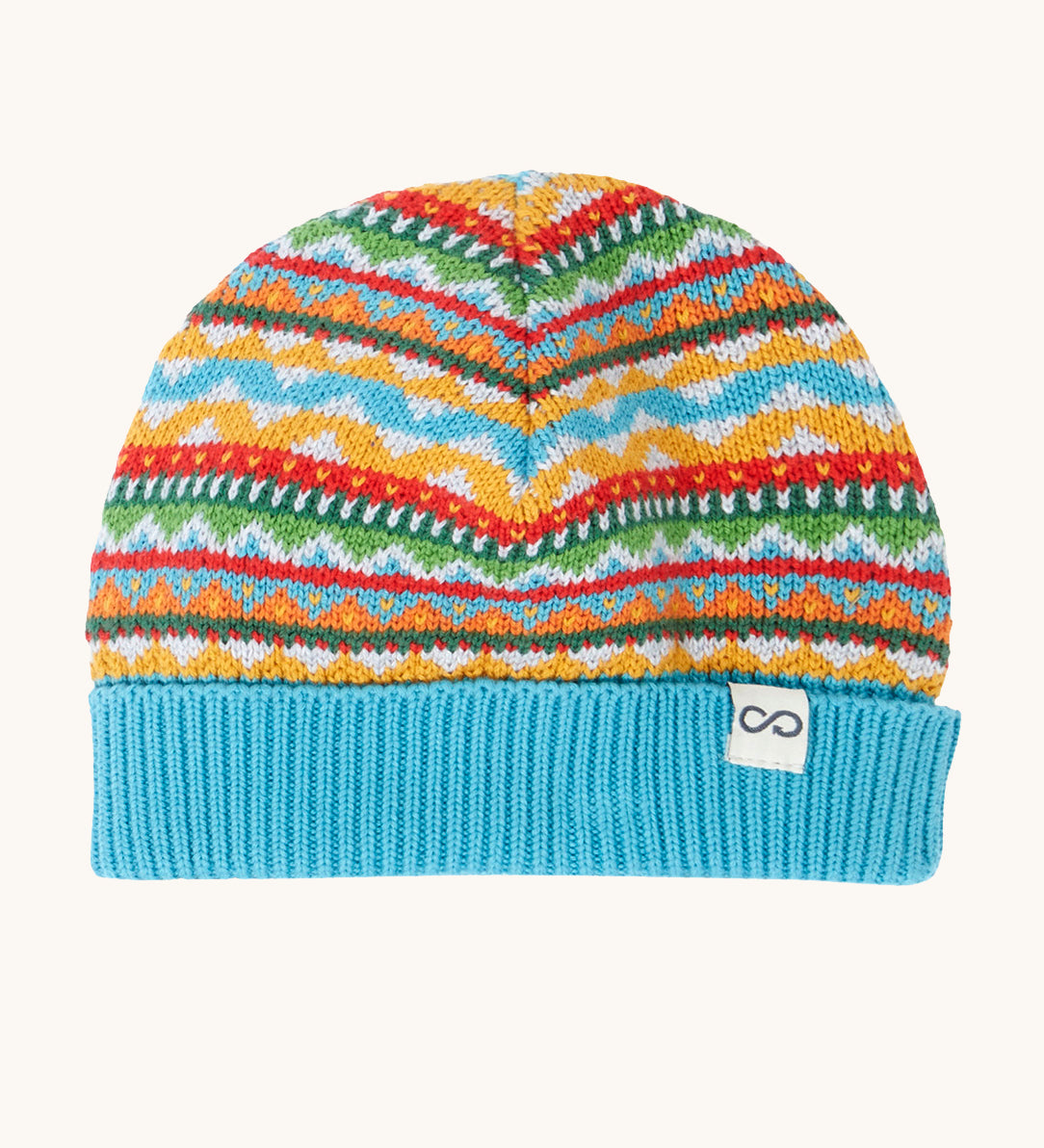Frugi Organic Cotton Noa Knitted Hat in Highland Fair Isle pattern in blues, yellows and greens.