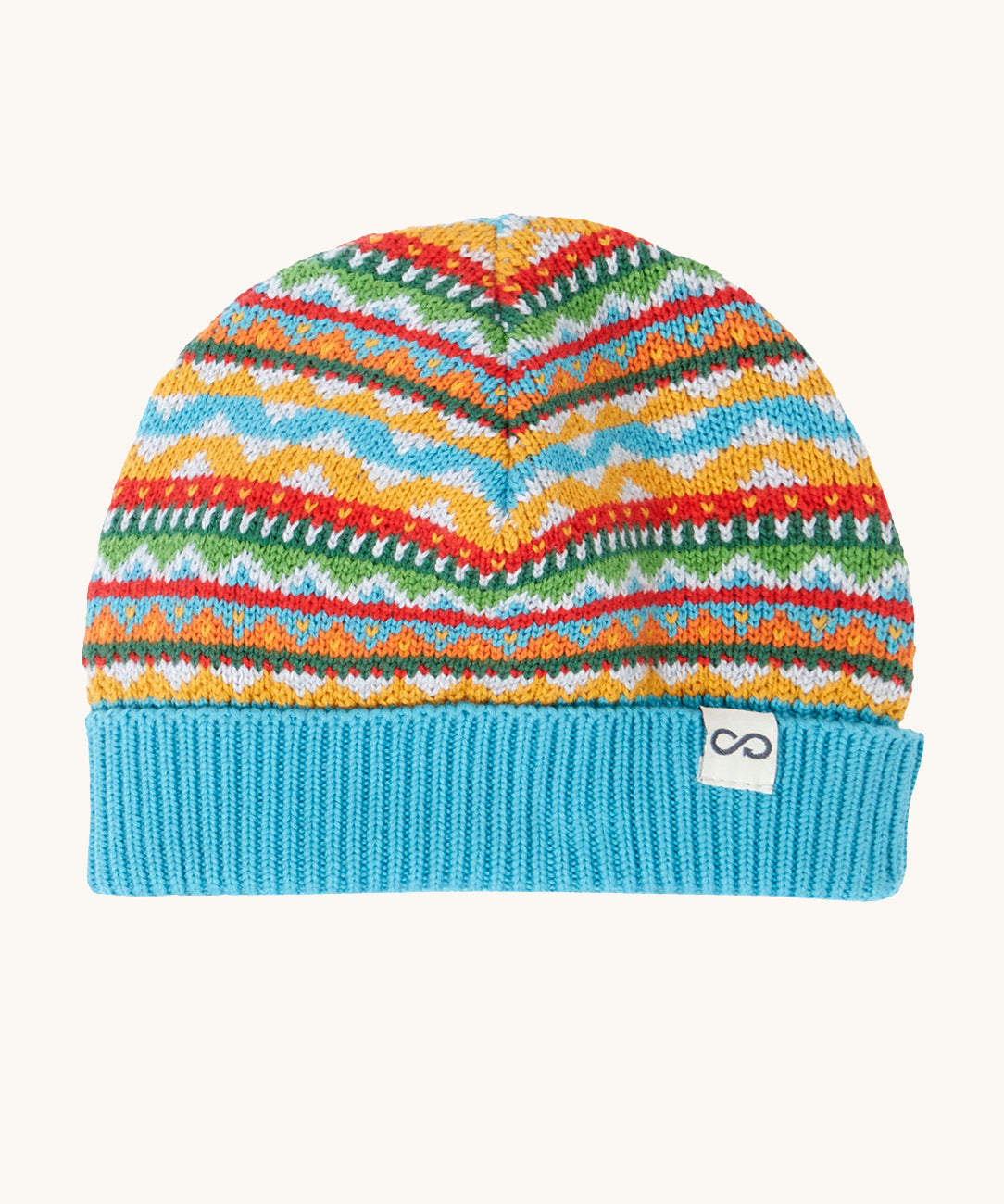Frugi Organic Cotton Noa Knitted Hat in Highland Fair Isle pattern in blues, yellows and greens.