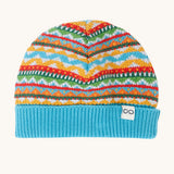 Frugi Organic Cotton Noa Knitted Hat in Highland Fair Isle pattern in blues, yellows and greens.
