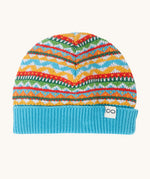 Frugi Organic Cotton Noa Knitted Hat in Highland Fair Isle pattern in blues, yellows and greens.