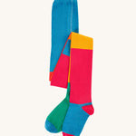 Frugi Norah Tights - Deep Water Colour Block, in blue, green, pink, yellow and orange