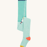 Frugi Norah Tights - Moss/Puffin. A lovely green moss and white stripe tights, with a puffin print on the knees and a peach and yellow foot detail