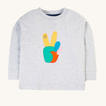 Frugi Owen Top - Grey Marl/Peace. A comfy grey top with a Frugi peace applique on the front