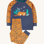 Frugi Jamie Jim Jams - Sleeping Tiger. With an orange tiger print design on the sleeves and a super cute tiger applique on the front