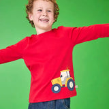 Frugi organic cotton Scout top in red with yellow tractor applique near hem, worn by boy.