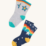 This 2-pack of Rock My Socks from Frugi are made with soft organic cotton and a touch of stretchy elastane to help them last longer. In Stars Multipack designs, these rib top socks have contrasting coloured cuffs, heels and toes.