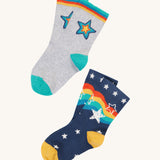 This 2-pack of Rock My Socks from Frugi are made with soft organic cotton and a touch of stretchy elastane to help them last longer. In Stars Multipack designs, these rib top socks have contrasting coloured cuffs, heels and toes.
