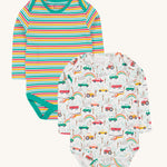 Frugi Super Special 2 Pack Body - Let'S Go!/Iguana Multi Stripe. One bodysuit has a lovely stripe patter, and the other has a fun vehicle print