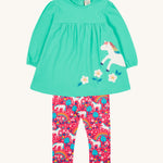 Frugi Tilly Outfit - Pacific Aqua/Wild Horses. A beautiful mint green top with a horse and flowers design, and fun colourful, pink horse leggings