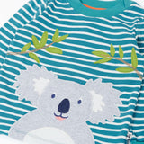 Frugi 100% organic cotton blue and white striped long sleeve top with a playful koala applique and stretchy ribbed neck band for easy dressing