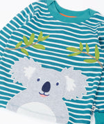 Frugi 100% organic cotton blue and white striped long sleeve top with a playful koala applique and stretchy ribbed neck band for easy dressing