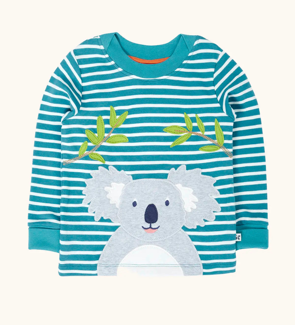 Frugi GOTS 100% organic cotton kids long sleeve top in blue and white stripes with a playful koala applique on the front
