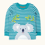 Frugi GOTS 100% organic cotton kids long sleeve top in blue and white stripes with a playful koala applique on the front