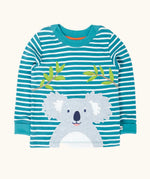 Frugi GOTS 100% organic cotton kids long sleeve top in blue and white stripes with a playful koala applique on the front