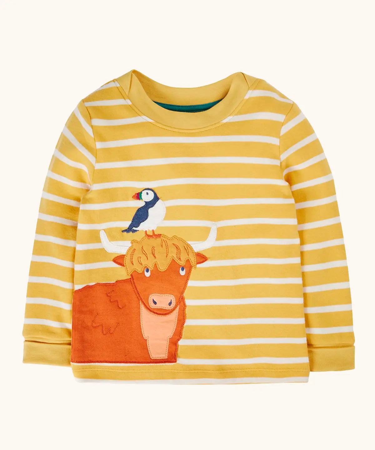 Frugi GOTS 100% organic cotton kids long sleeve top in yellow and white stripes with a highland cow and puffin applique on the bottom